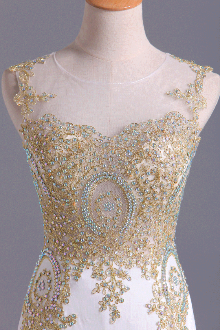 2022 Hot Prom Dresses Scoop Mermaid Sweep/Brush Spandex With Applique Sleeveless