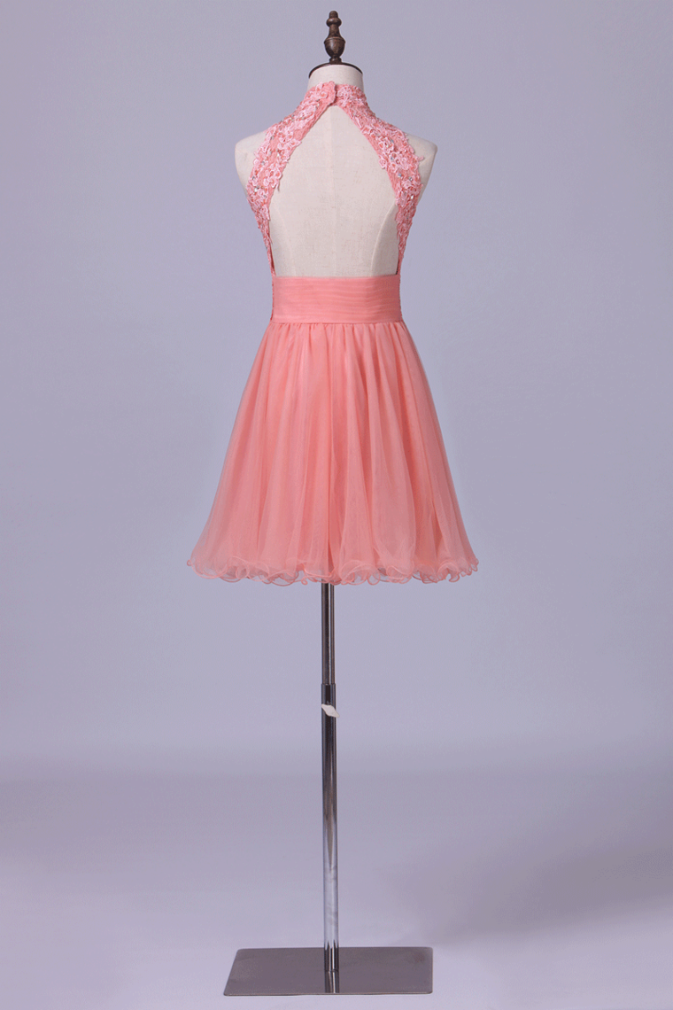 2022 Homecoming Dresses High Neck A Line With Applique&Beads Tulle