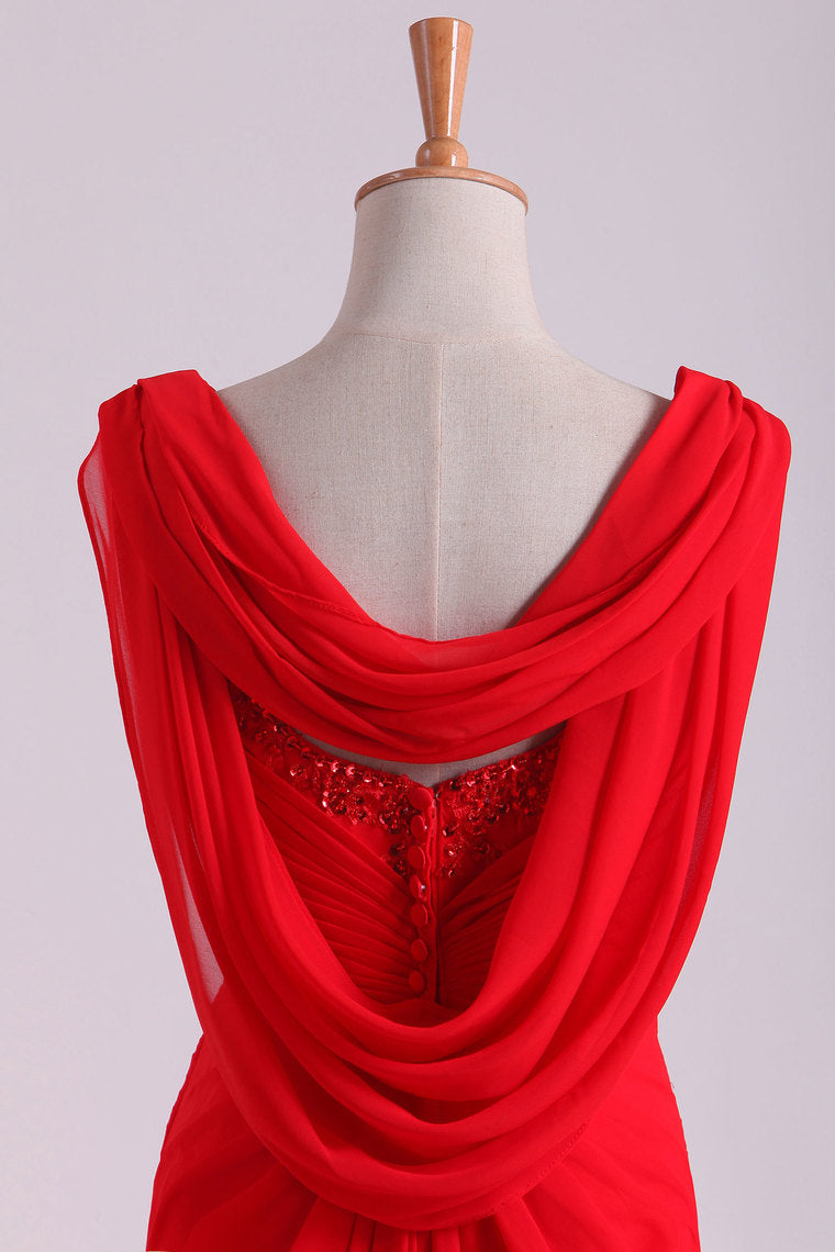 2022 Red Chiffon Evening Dresses Ruffled Bodice Floor Length