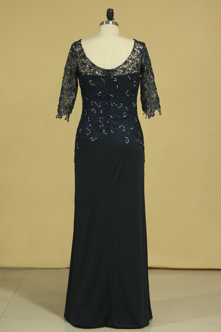 2022 Mother Of The Bride Dresses Scoop 3/4 Length Sleeve Dark Navy Spandex & Lace With Beads