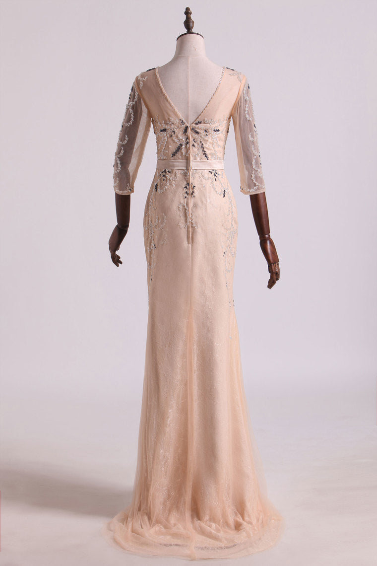 2022 Scoop Prom Dresses Sheath With Beads And Sash Sweep Train