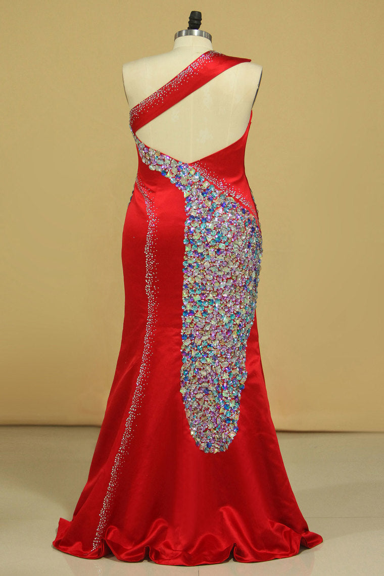 2022 Mermaid/Trumpet One Shoulder Prom Dresses Satin With Beading