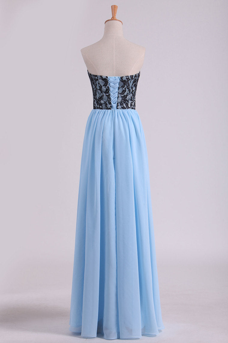 2022 Sweetheart A Line Floor Length Chiffon Prom Dress With Black Lace