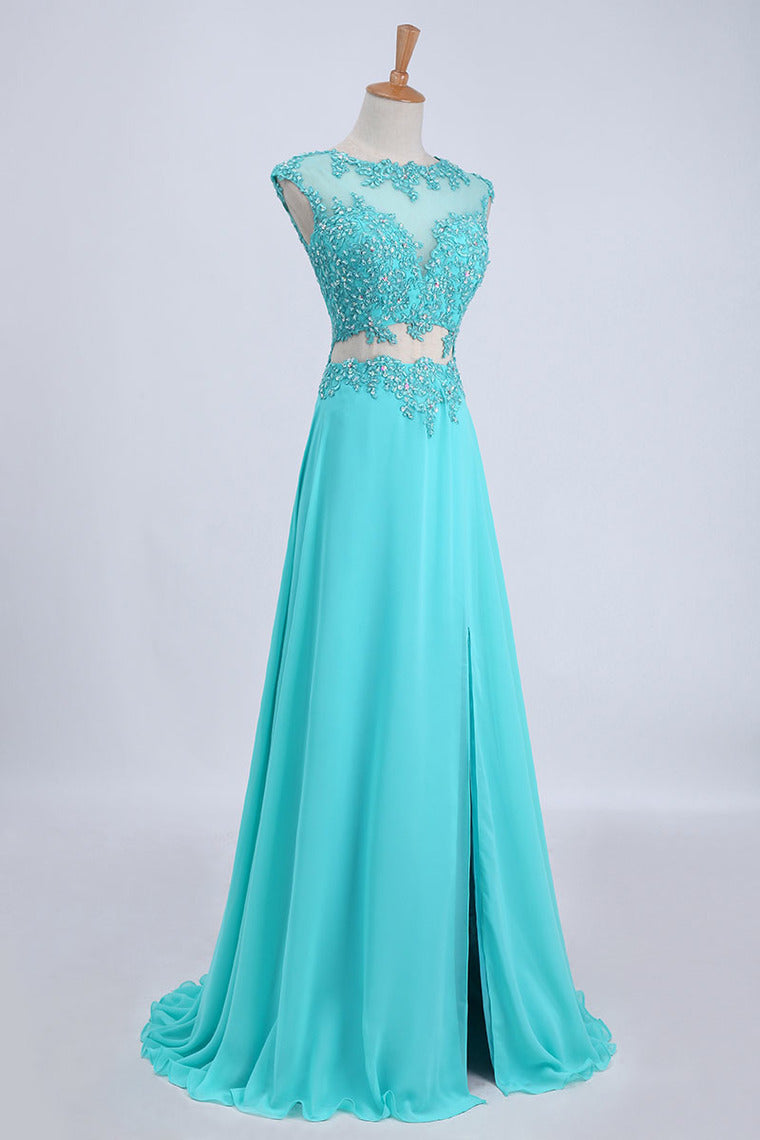 2022 Two Pieces Prom Dresses Bateau Backless A Line Chiffon Sweep Train With Slit