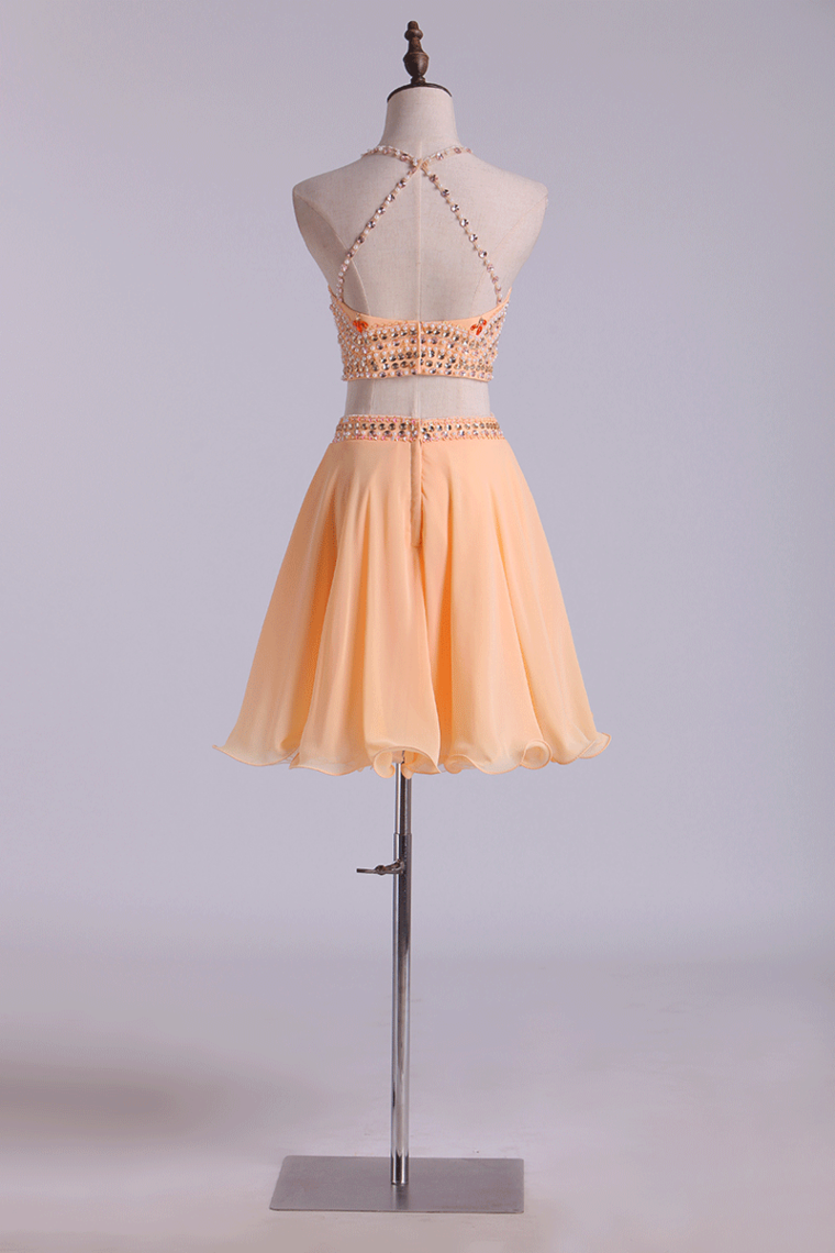 2022 Two-Piece Halter Short Homecoming Dresses Chiffon Beaded Bodice