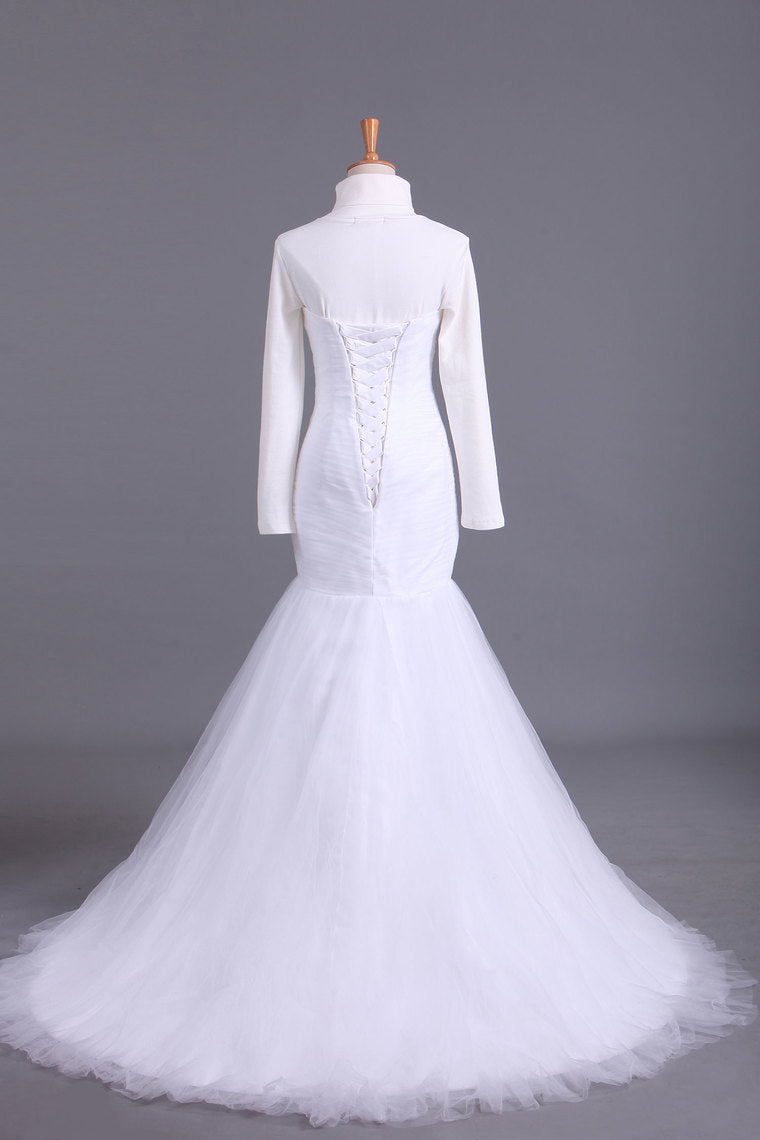 2022 High Neck Mermaid/Trumpet Muslim Wedding Dresses Pleated Bodice With Tulle Skirt Lace Up