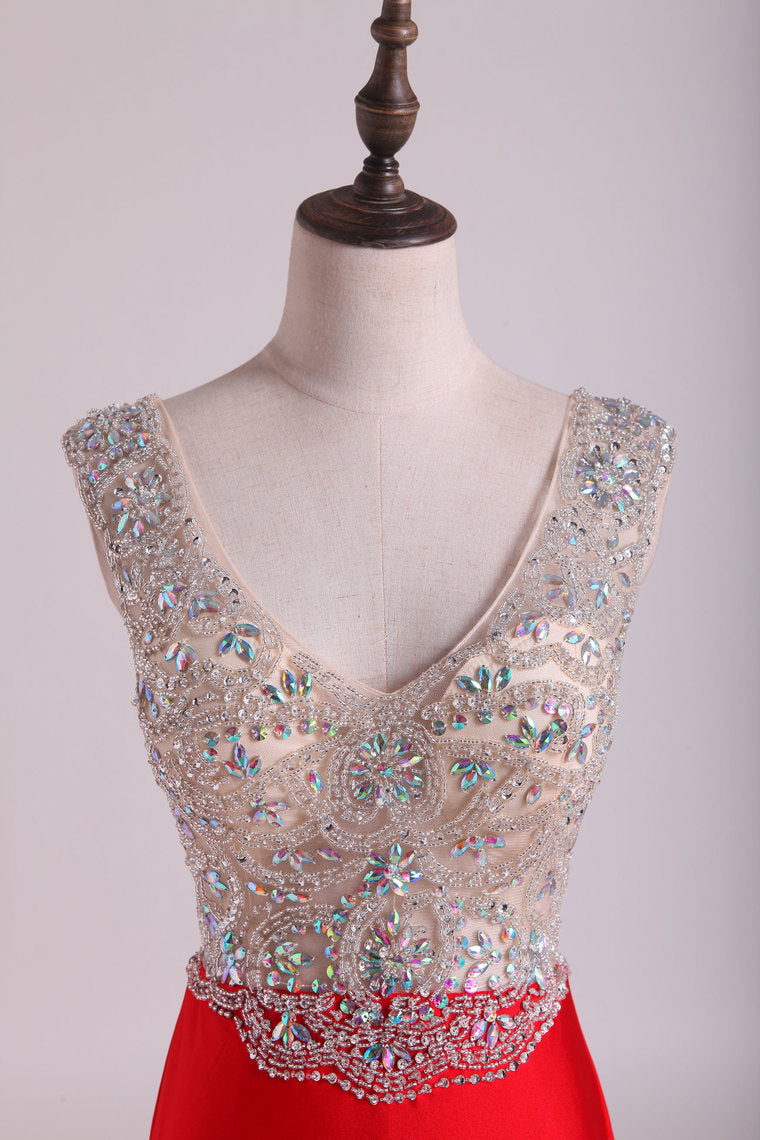 2022 V Neck Beaded Bodice Open Back Prom Dresses Column Spandex Sweep Train