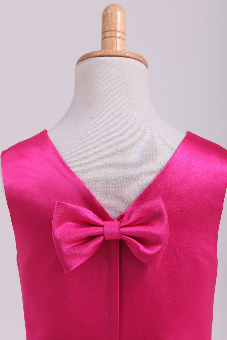2022 Fuchsia Scoop A Line Flower Girl Dresses Satin With Ribbon Knee Length