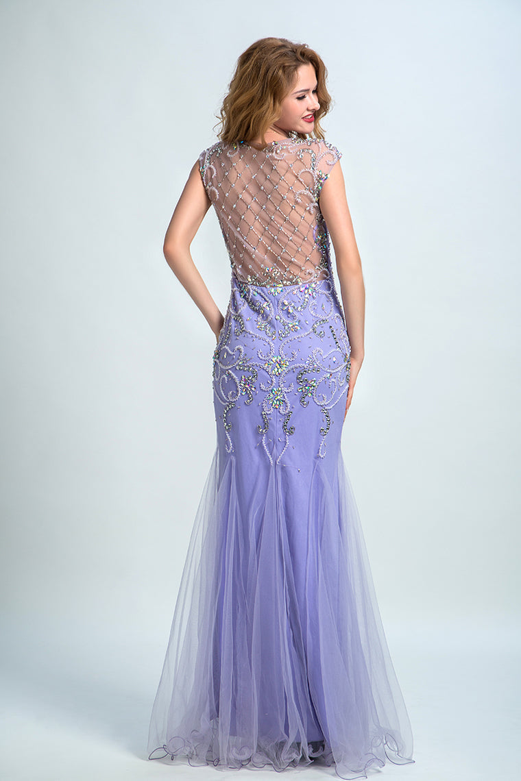 2022 Terrific Scoop Beaded And Fitted Bodice Mermaid Prom Dress Tulle
