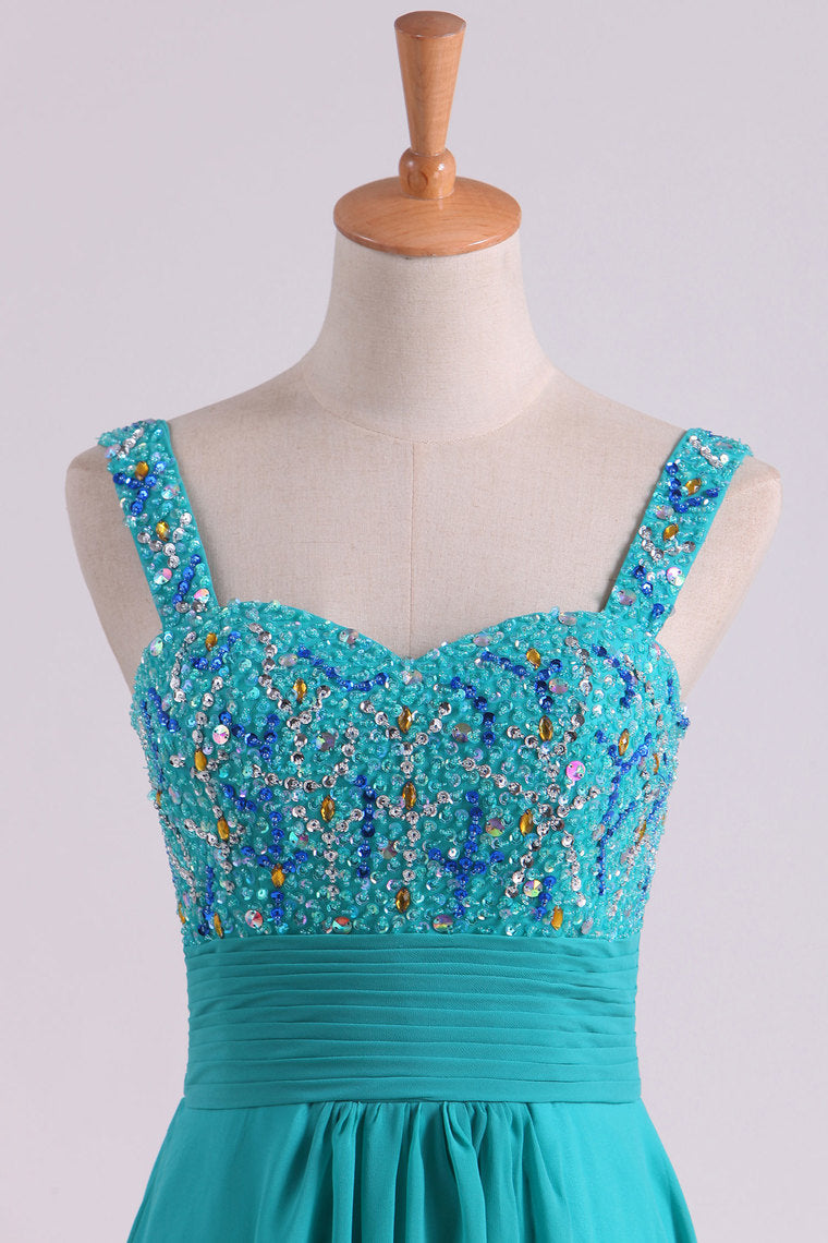 2022 Prom Dress Straps Beaded Bodice Pleated Waistband A Line Chiffon