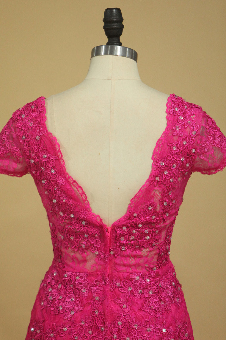 2022 V Neck Short Sleeve Open Back Prom Dresses Lace With Applique And Beads