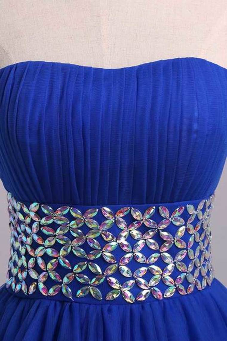 2022 Prom Dress Strapless Dark Royal Blue A Line/Princess Pick Up Tulle Skirt Beaded Waistline