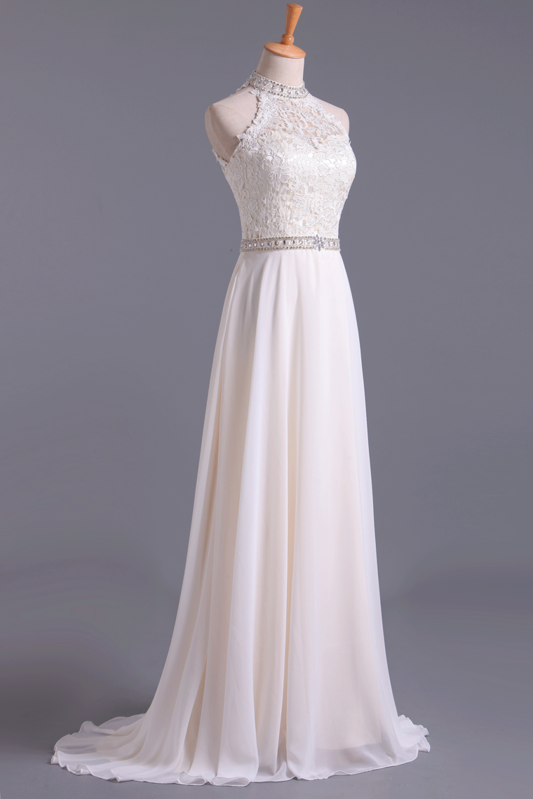 2022 Hot High Neck Prom Dresses A Line Chiffon & Lace With Beads
