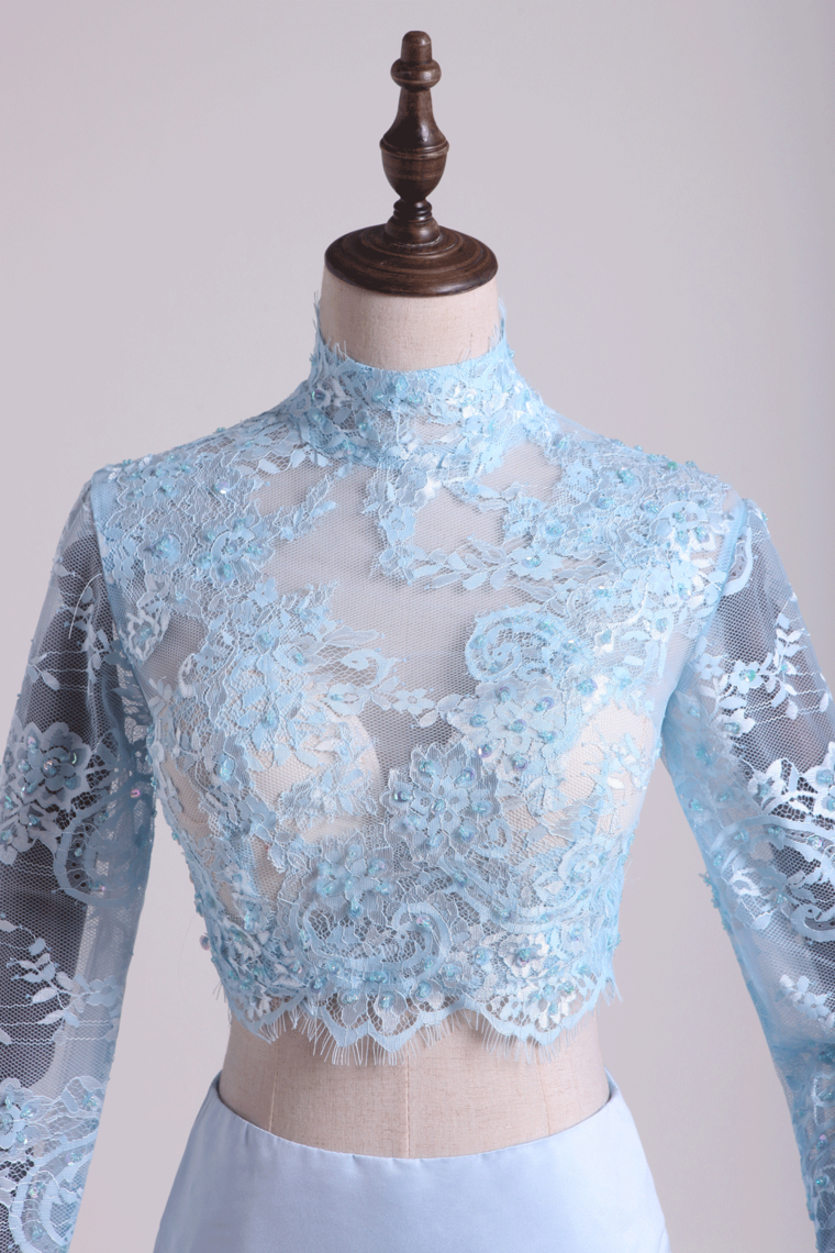 2022 Two Pieces Prom Dresses Mermaid Spandex & Tulle With Applique Light Sky Blue
