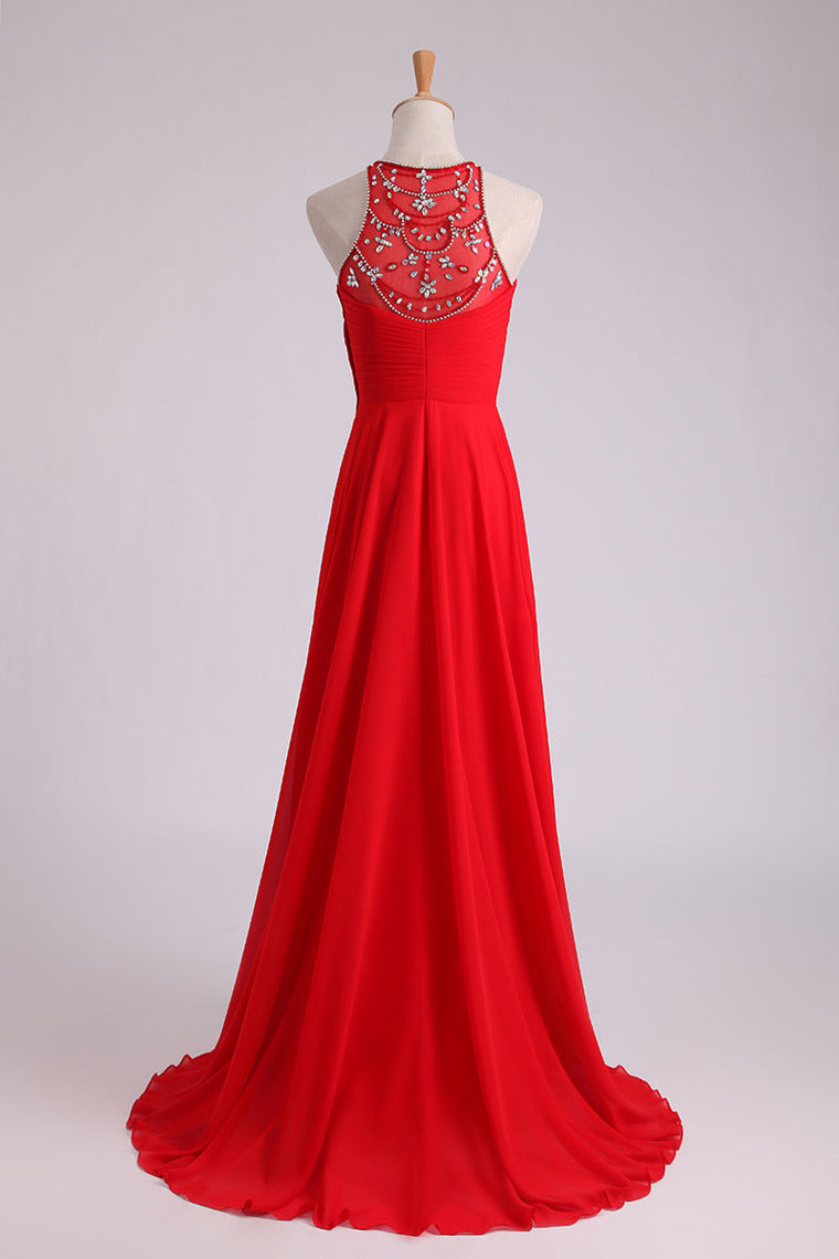 2022 Scoop A-Line/Princess Prom Dresses With Beads And Ruffles Chiffon