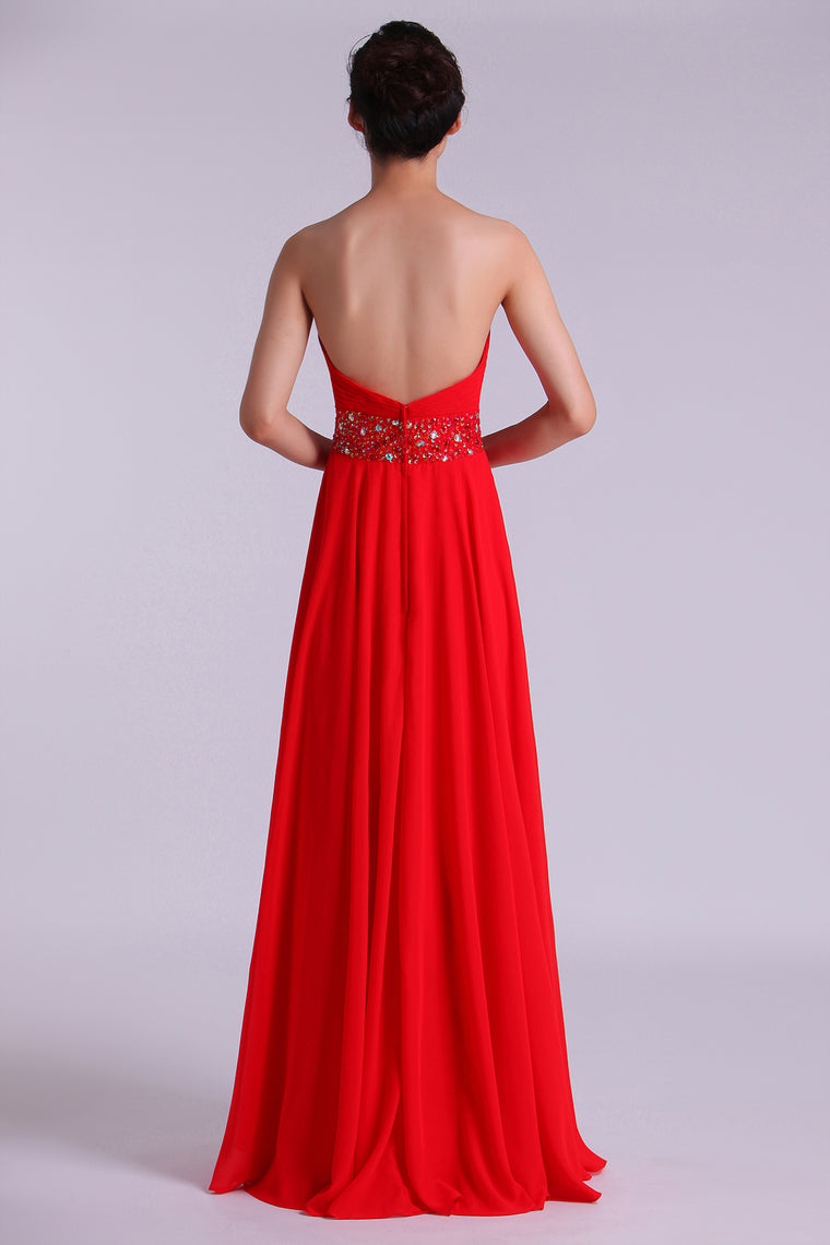 2022 Sweetheart Prom Dresses A Line Chiffon Floor Length Beaded Waistband