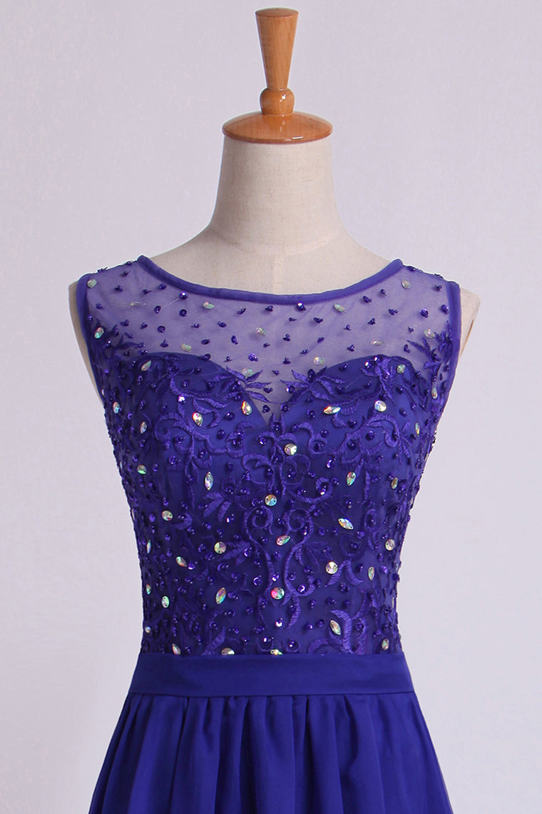 2022 Bateau Prom Dress A Line Floor Length With Embroidery And Beads Chiffon&Tulle
