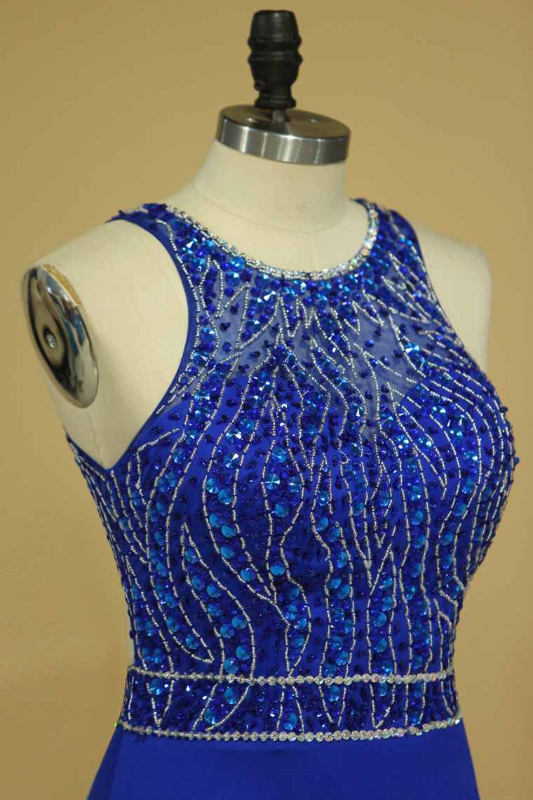 2022 Dark Royal Blue Open Back Prom Dresses Scoop Spandex With Beading And Slit Sweep Train