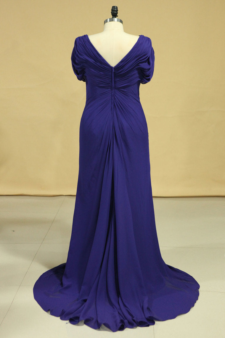 2022 Elegant V Neck Evening Dresses Chiffon Sweep Train With Ruffles