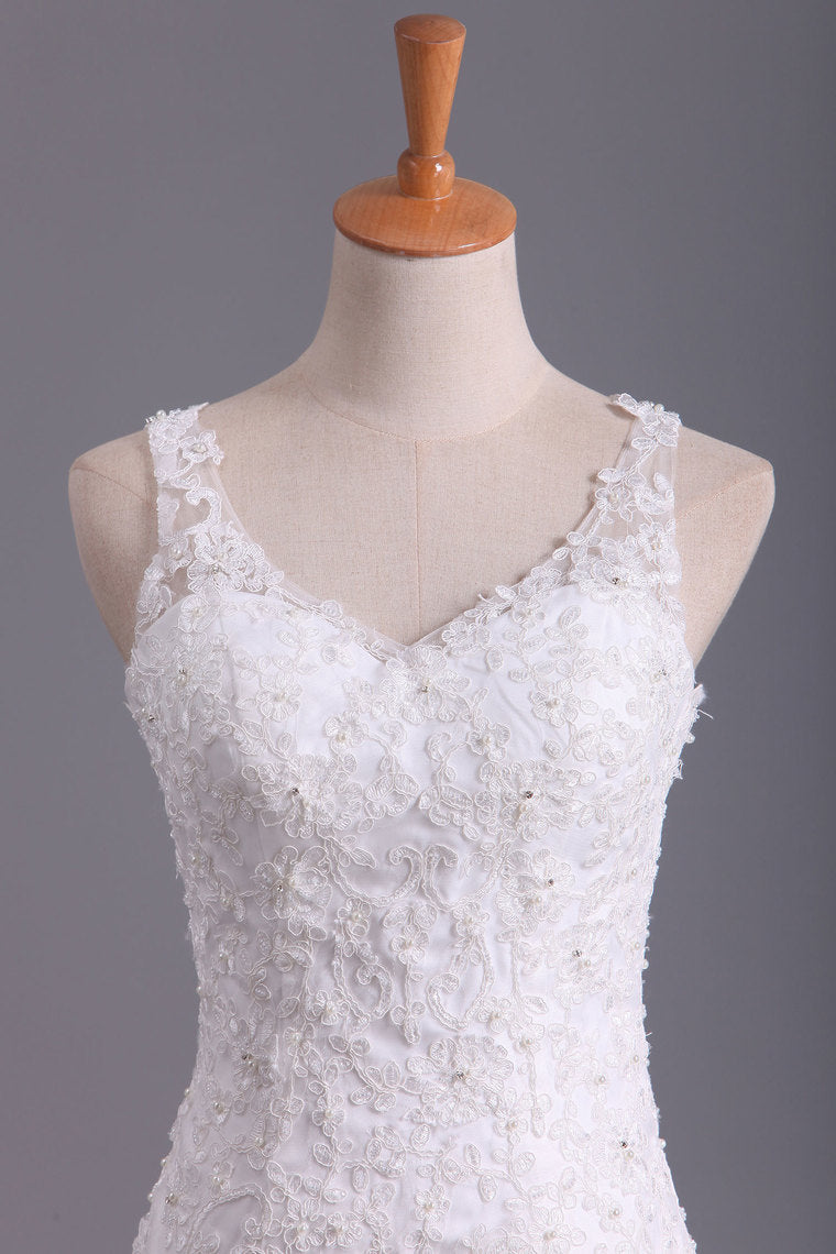 2022 V Neck Wedding Dresses Organza With Applique  & Ruffles Mermaid Court Train