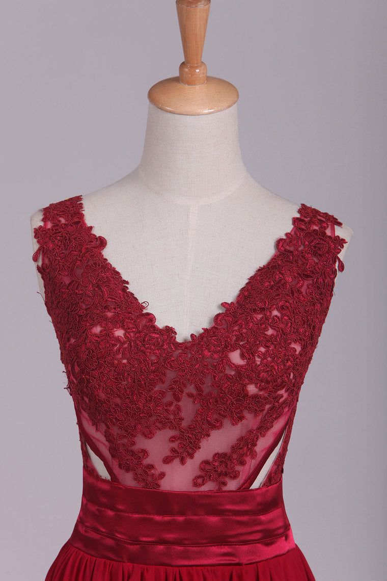2022 Burgundy V-Neck Prom Dresses A Line Chiffon With Applique