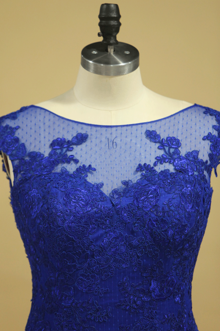 2022 Plus Size Mermaid Open Back Evening Dresses Bateau Tulle With Applique Dark Royal Blue