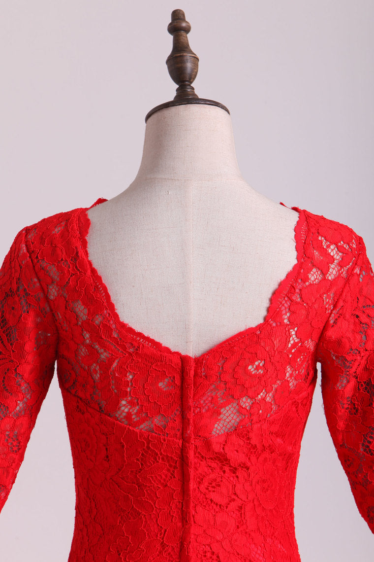2022 Bateau Mid-Length Sleeve Prom Dresses Sheath Lace Floor Length