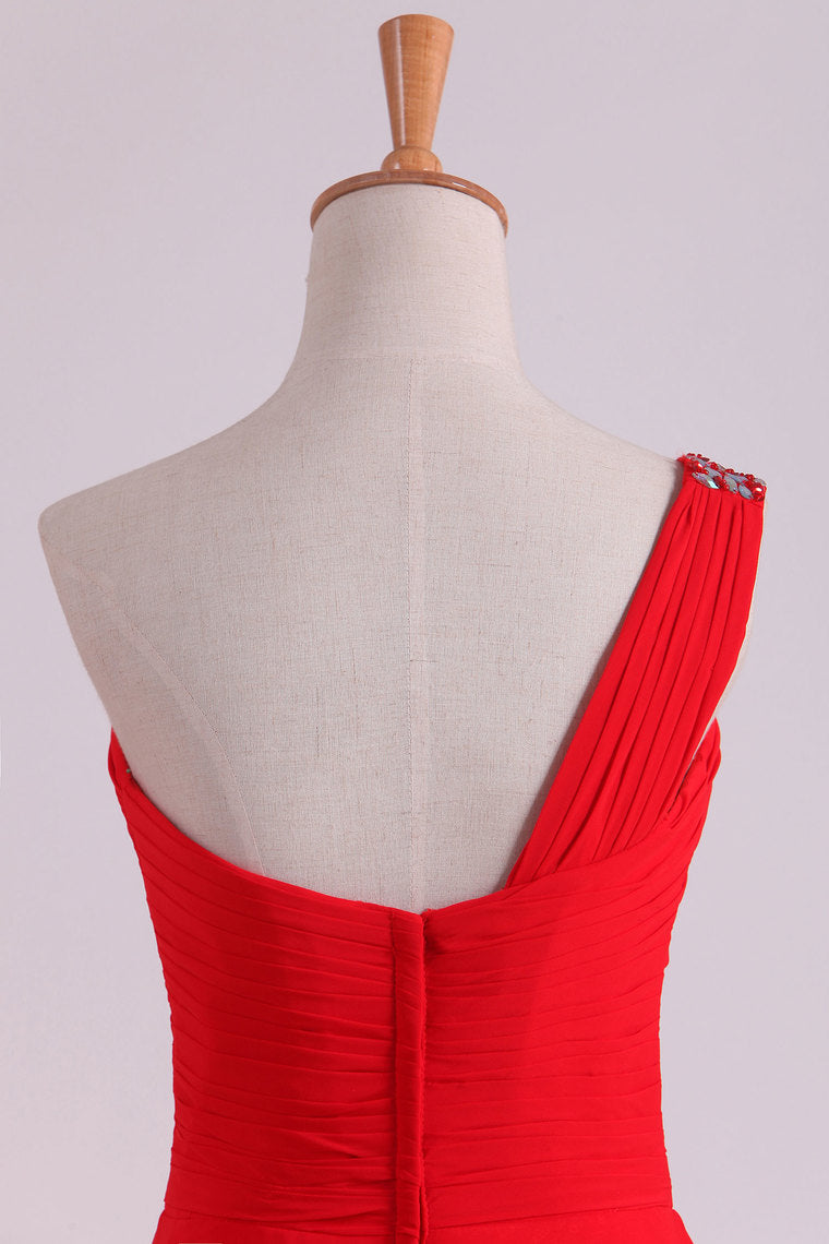 2022 Red One Shoulder A Line Prom Dresses Chiffon Floor Length With Beading And Ruffles