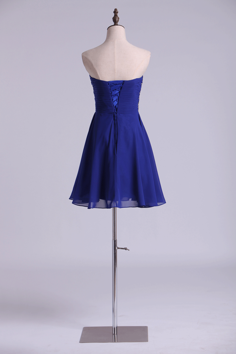 2022 A Line Homecoming Dresses Dark Royal Blue Chiffon Mini With Beading
