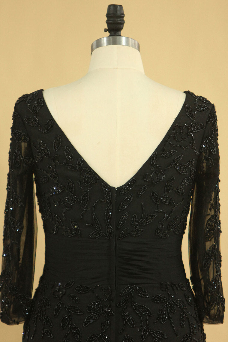 2022 Black Mother Of The Bride Dresses V Neck Chiffon With Beads 3/4 Length Sleeve