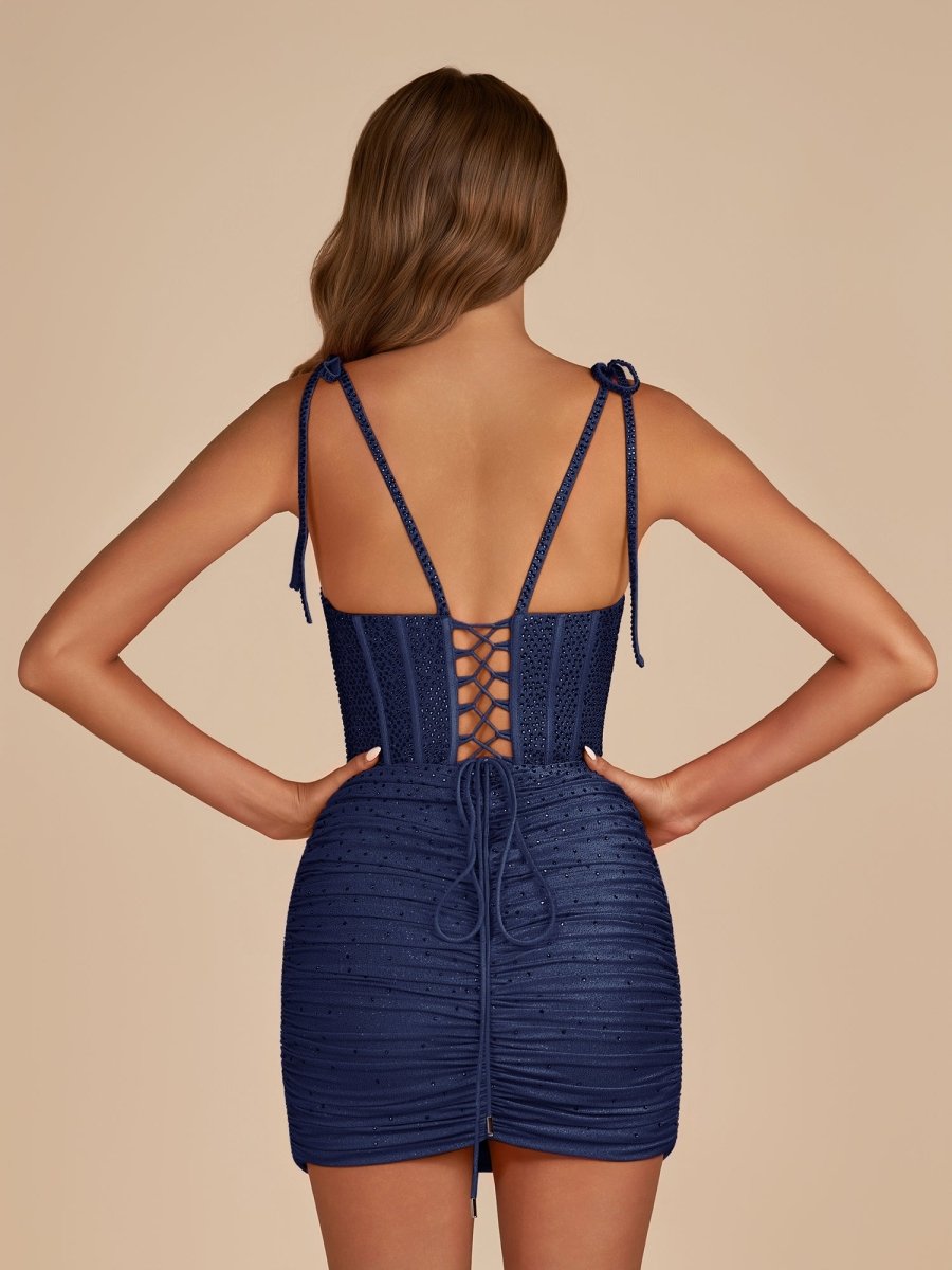 Claya | Navy Blue - Bodycon Scoop Neck Beaded Satin Corset Homecoming Dresses with Bow Straps