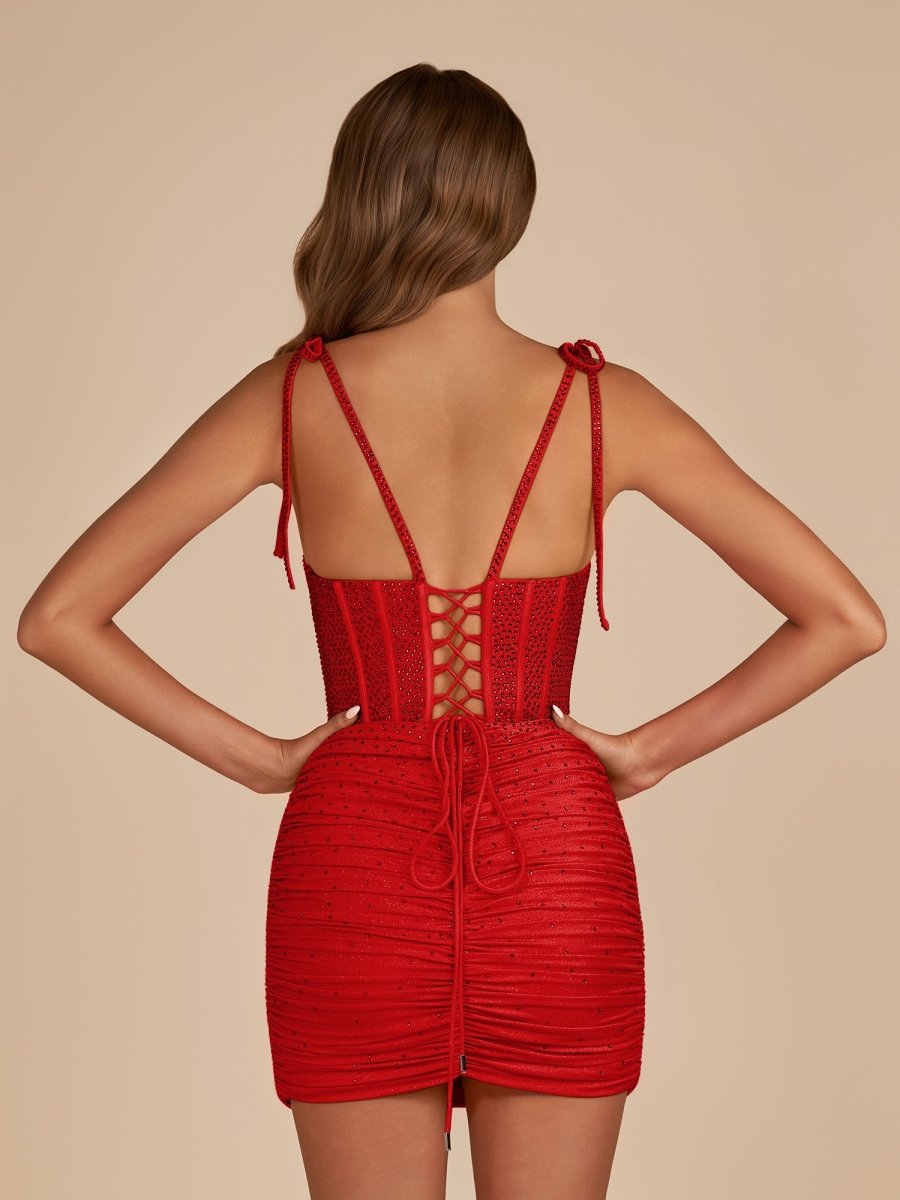 Claya | Red - Bodycon Scoop Neck Beaded Satin Corset Homecoming Dresses with Bow Straps