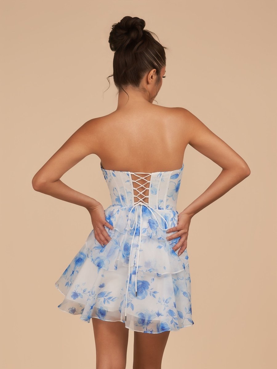 Crisa | Blue - A Line Strapless Floral Chiffon Homecoming Dress with Beads