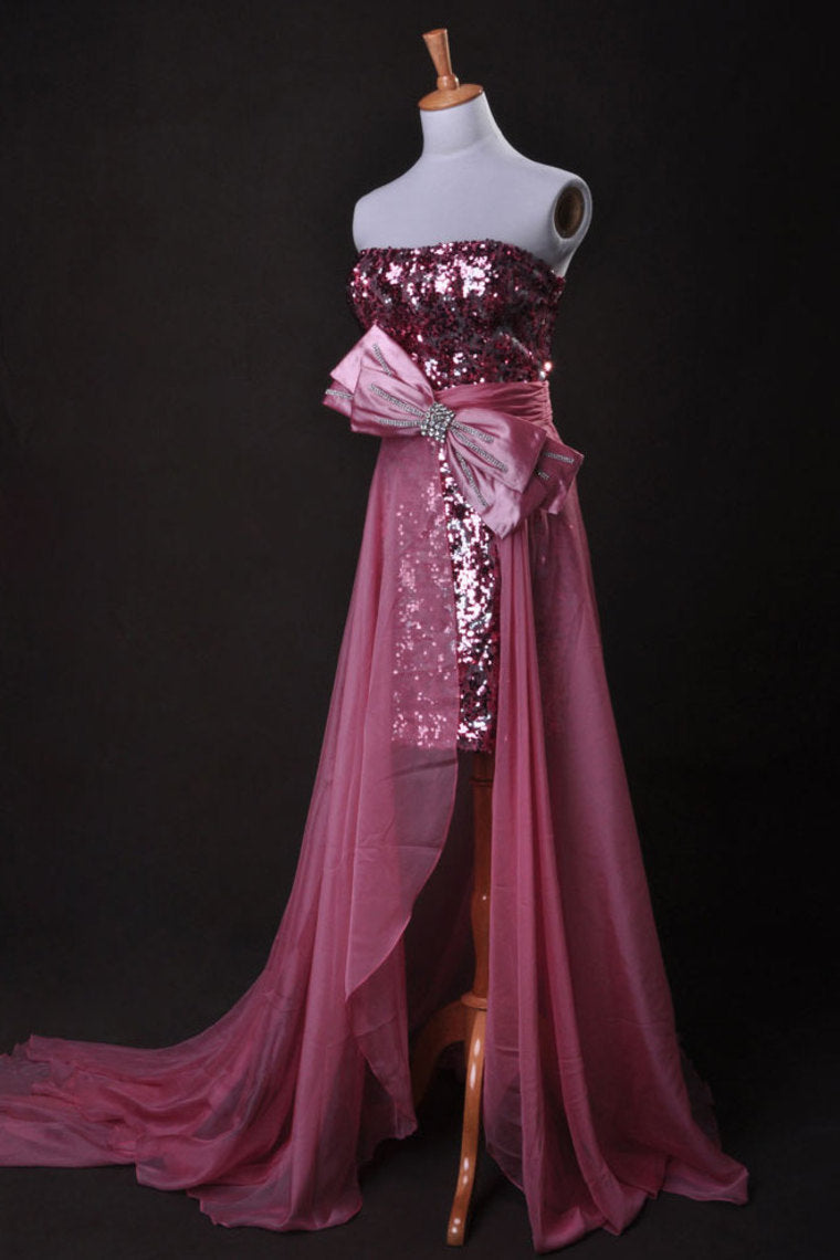 Pink  Sheath/Column Strapless Asymmetrical Chiffon Lace Cz
