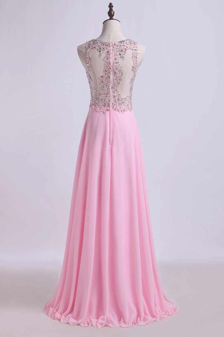 2022 Bateau Prom Dresses A Line Beaded Bodice Chiffon