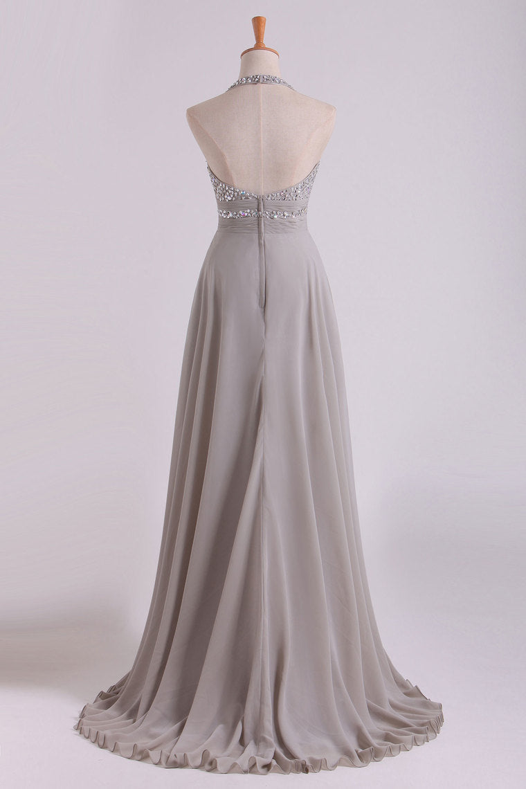 2022 Prom Dresses A Line Halter Floor Length Chiffon
