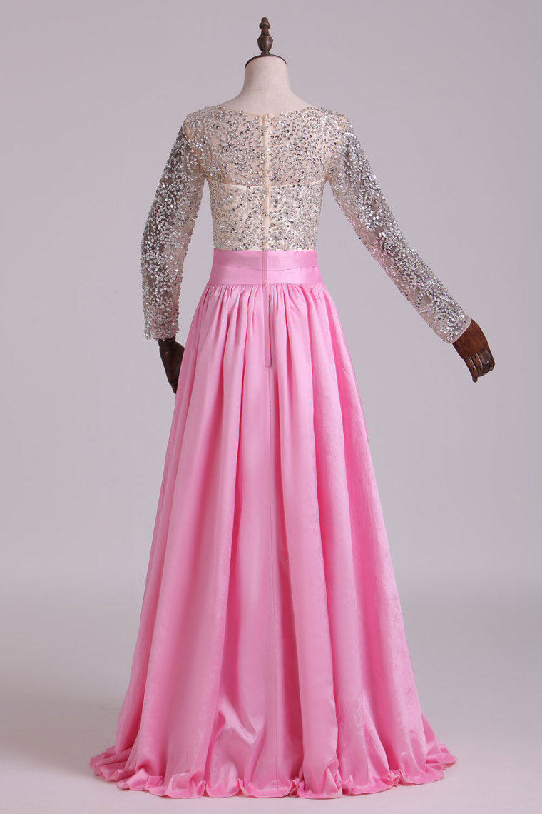 2022 Prom Dresses V Neck Long Sleeves A Line With Beading Taffeta New
