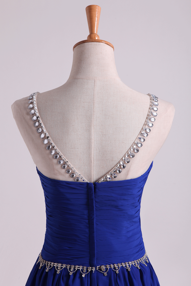 2022 Scoop Prom Dresses A Line Pleated Bodice Chiffon With Beads Dark Royal Blue