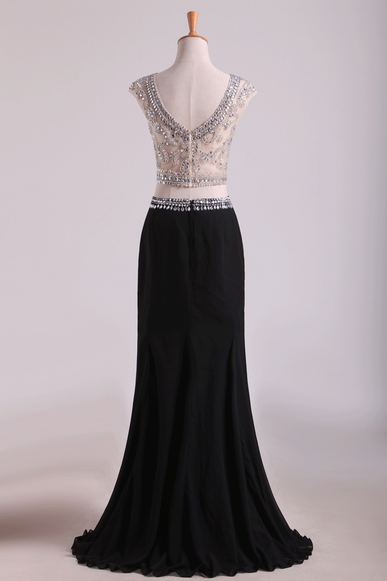 2022 Two-Piece Scoop Column Prom Dresses Beaded Bodice Chiffon
