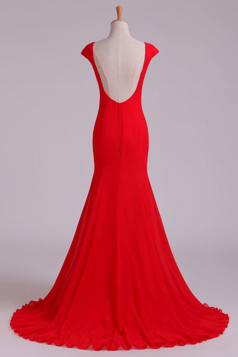 2022 New Evening Dresses Mermaid Bateau Chiffon Sweep Train Open Back