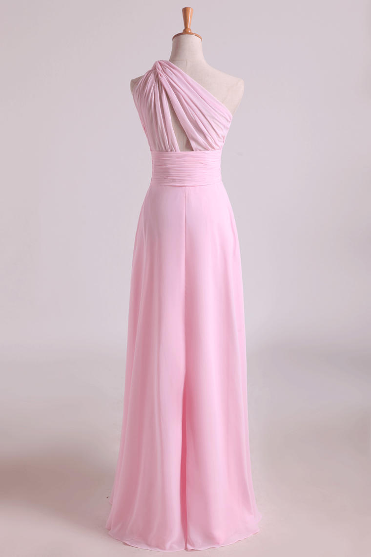 2022 One Shoulder A Line Chiffon Bridesmaid Dresses With Ruffles Pearl Pink