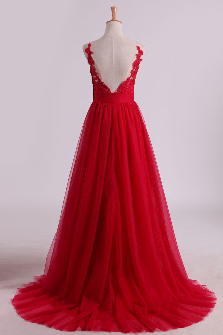 2022 Evening Dresses Scoop A Line Tulle With Applique Open Back