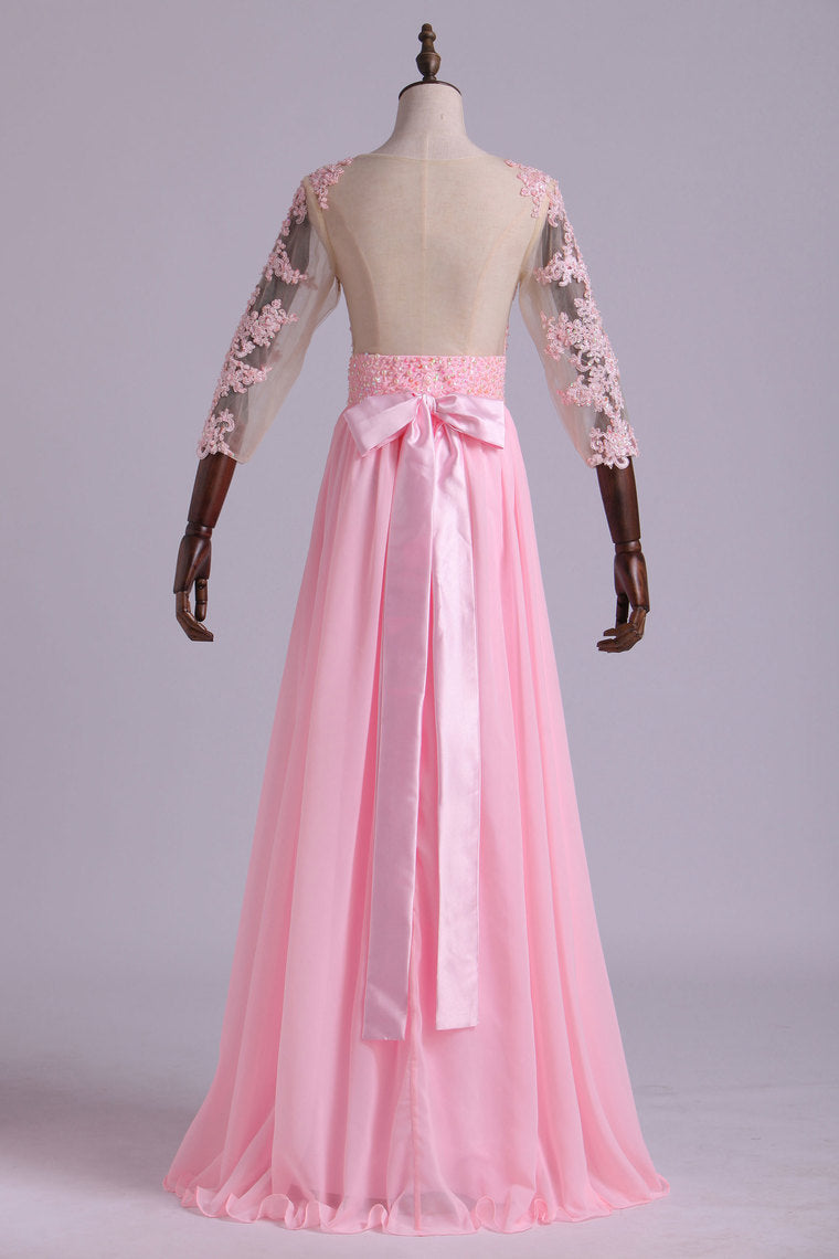 2022 Mid-Length Sleeve A-Line Scoop Chiffon Prom Dresses Floor-Length With Applique & Bow-Knot