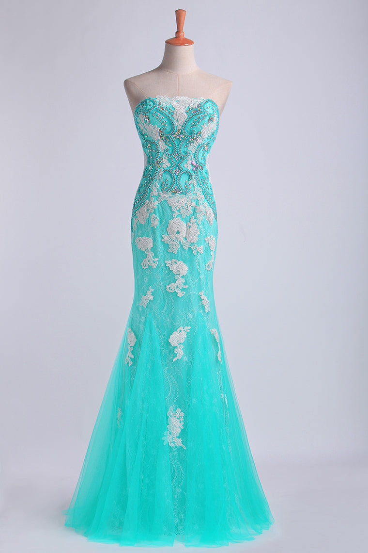 2022 Prom Dresses Strapless Column With Beading And Applique