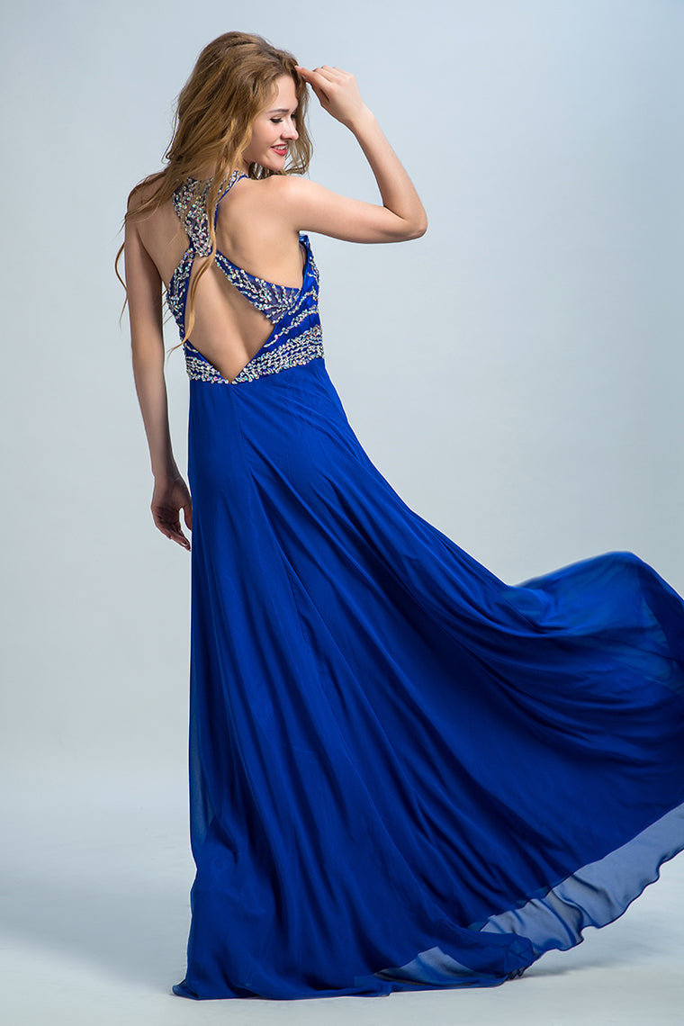 2022 Halter A-Line/Princess Prom Dresses Tulle And Chiffon Dark Royal Blue Sweep Train