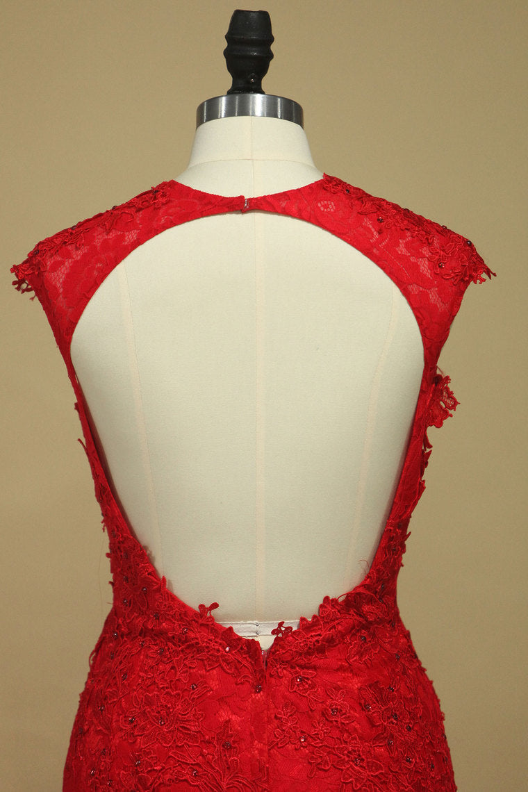 2022 Prom Dresses Sheath Scoop Lace With Applique And Beads Sweep Train