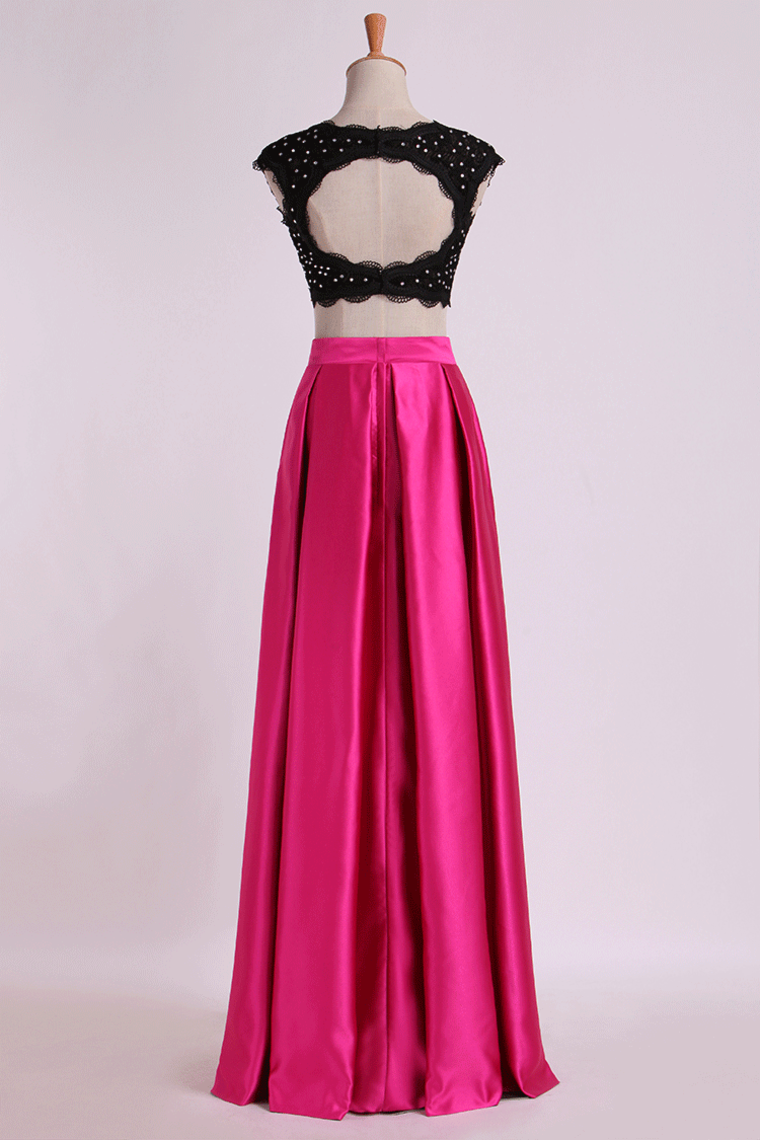2022 Two Pieces Prom Dresses Scoop Appliqued&Beaded Bodice Floor Length Open Back Satin