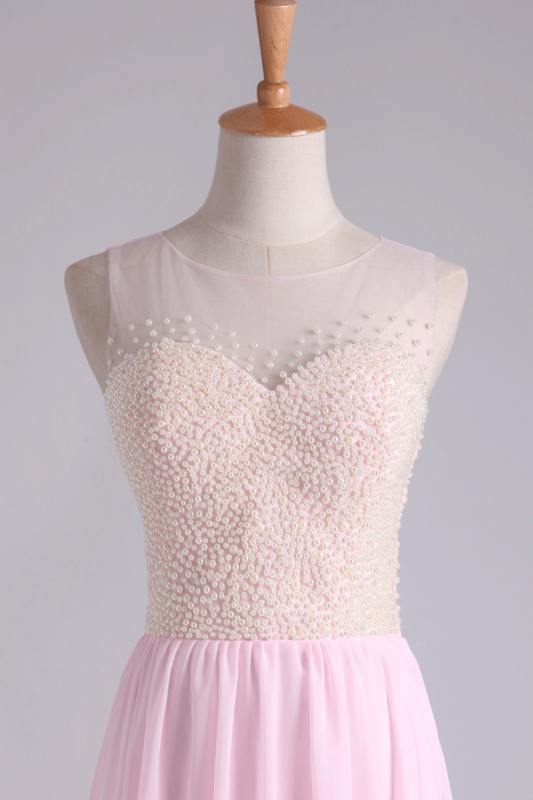 2022 High Neck Beaded Bodice A Line With Layered Flowing Chiffon Skirt Floor Length