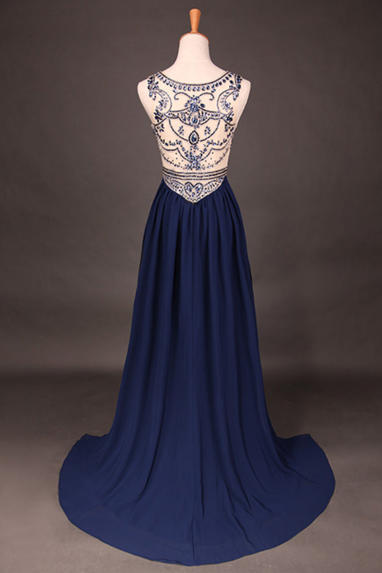 2022 Hot Selling Scoop A Line Full Length Red Prom Dress Beaded Tulle Bodice With Chiffon Skirt