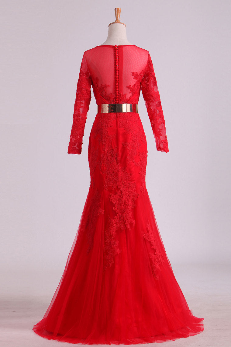 2022 Mermaid Scoop Mother Of The Bride Dresses 3/4 Length Sleeves With Applique Tulle